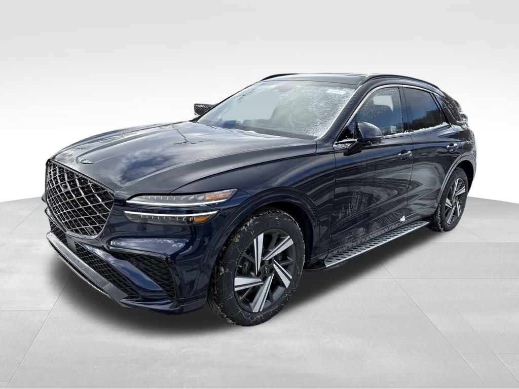 2026 Genesis GV70 3.5T Sport Advanced in Capri Blue — front three-quarter view
