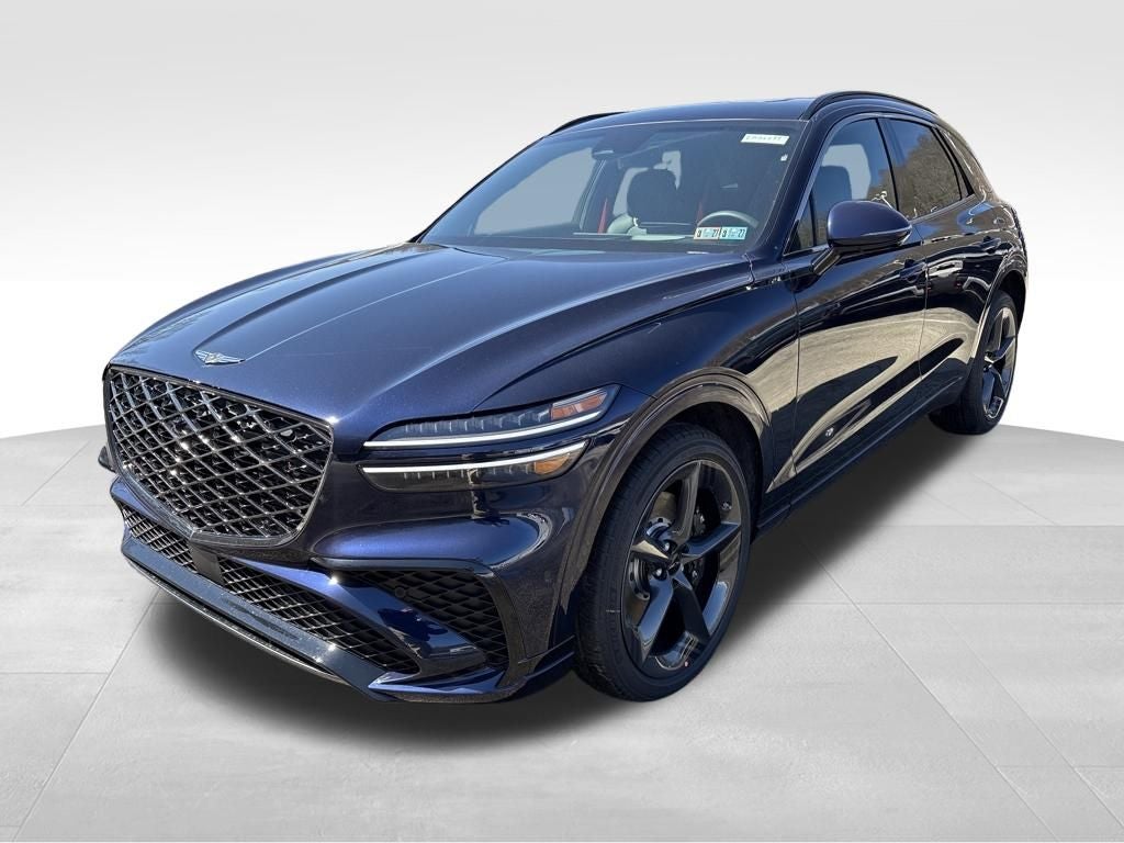 2026 Genesis GV70 3.5T Sport Prestige in Capri Blue — front three-quarter view