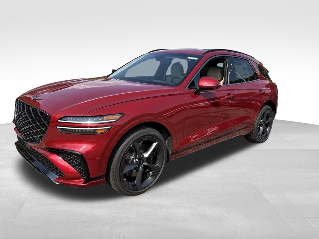 2026 Genesis GV70 3.5T Sport Prestige in Mauna Red — front three-quarter view