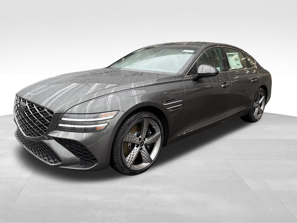 2026 Genesis G80 3.5T Sport Prestige in Makalu Gray — front three-quarter view